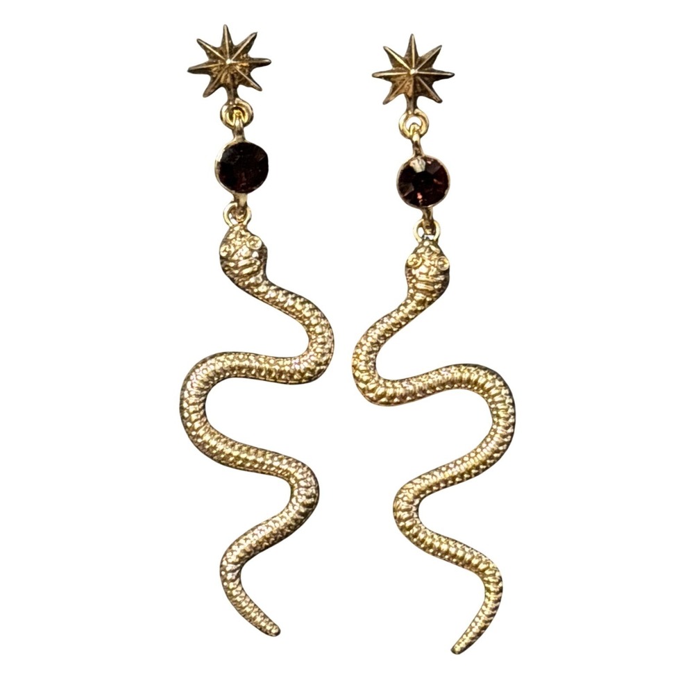 Vtg‎ Earrings Gold Tone SNAKE Rhinestone Statement Dangle Drop Witchy Whimsigoth